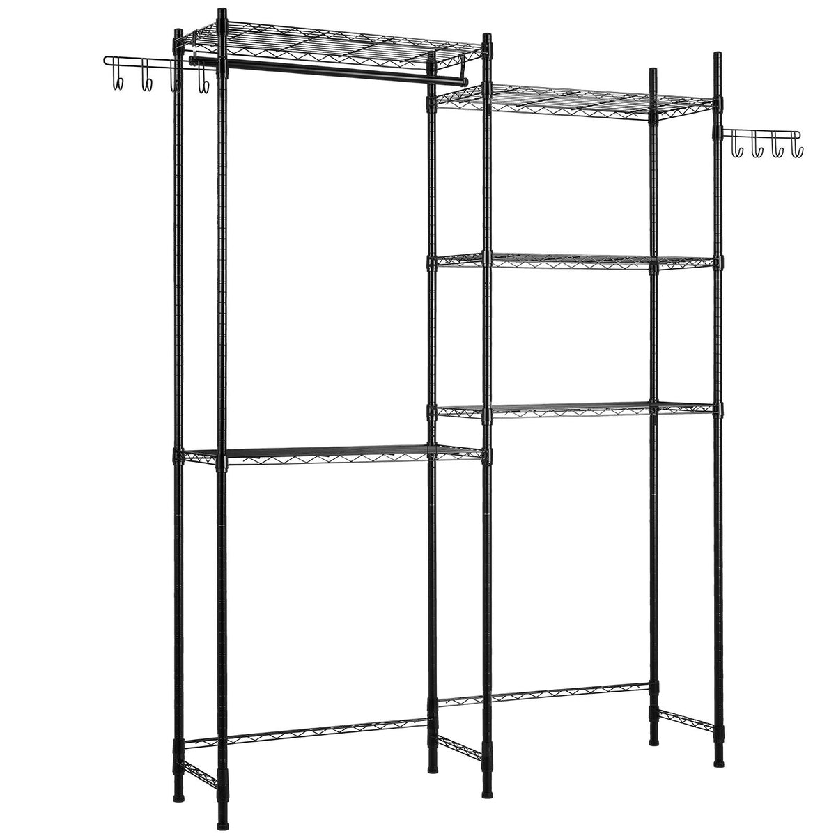 Over Washer and Dryer Storage Shelves, 5 Tiers Laundry Room Drying Rack with Hanger Rod and Hooks, Two Rows Adjustable Washer Shelves Space Saver, for Laundry Room Storage & Organization, Black
