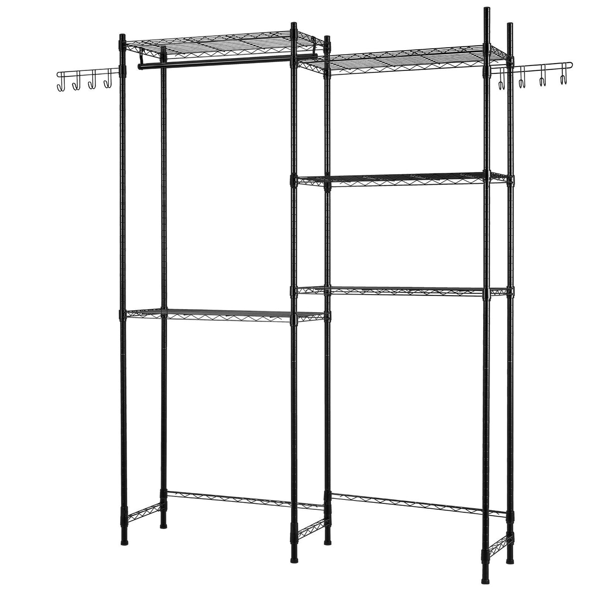 Over Washer and Dryer Storage Shelves, 5 Tiers Laundry Room Drying Rack with Hanger Rod and Hooks, Two Rows Adjustable Washer Shelves Space Saver, for Laundry Room Storage & Organization, Black