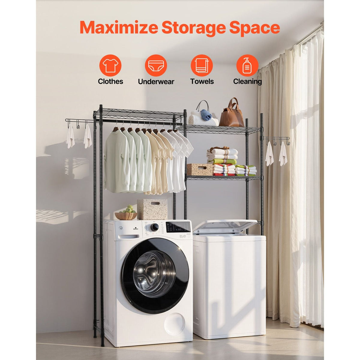 Over Washer and Dryer Storage Shelves, 5 Tiers Laundry Room Drying Rack with Hanger Rod and Hooks, Two Rows Adjustable Washer Shelves Space Saver, for Laundry Room Storage & Organization, Black
