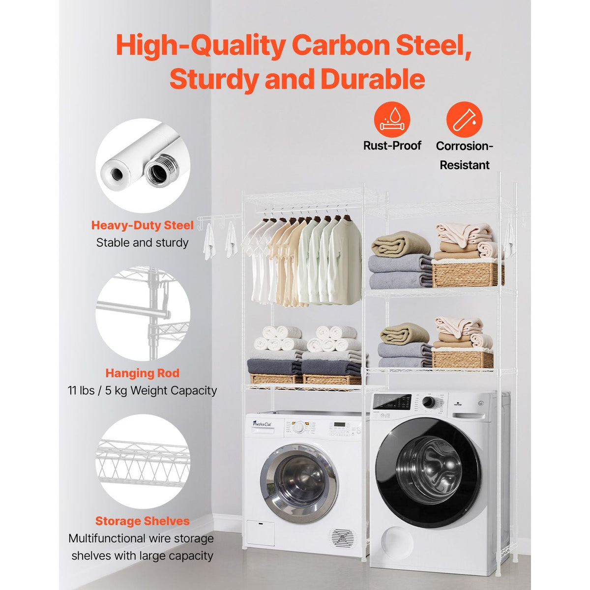Over Washer and Dryer Storage Shelves, 5 Tiers Laundry Room Drying Rack with Hanger Rod and Hooks, Two Rows Adjustable Washer Shelves Space Saver, for Laundry Room Storage & Organization, White