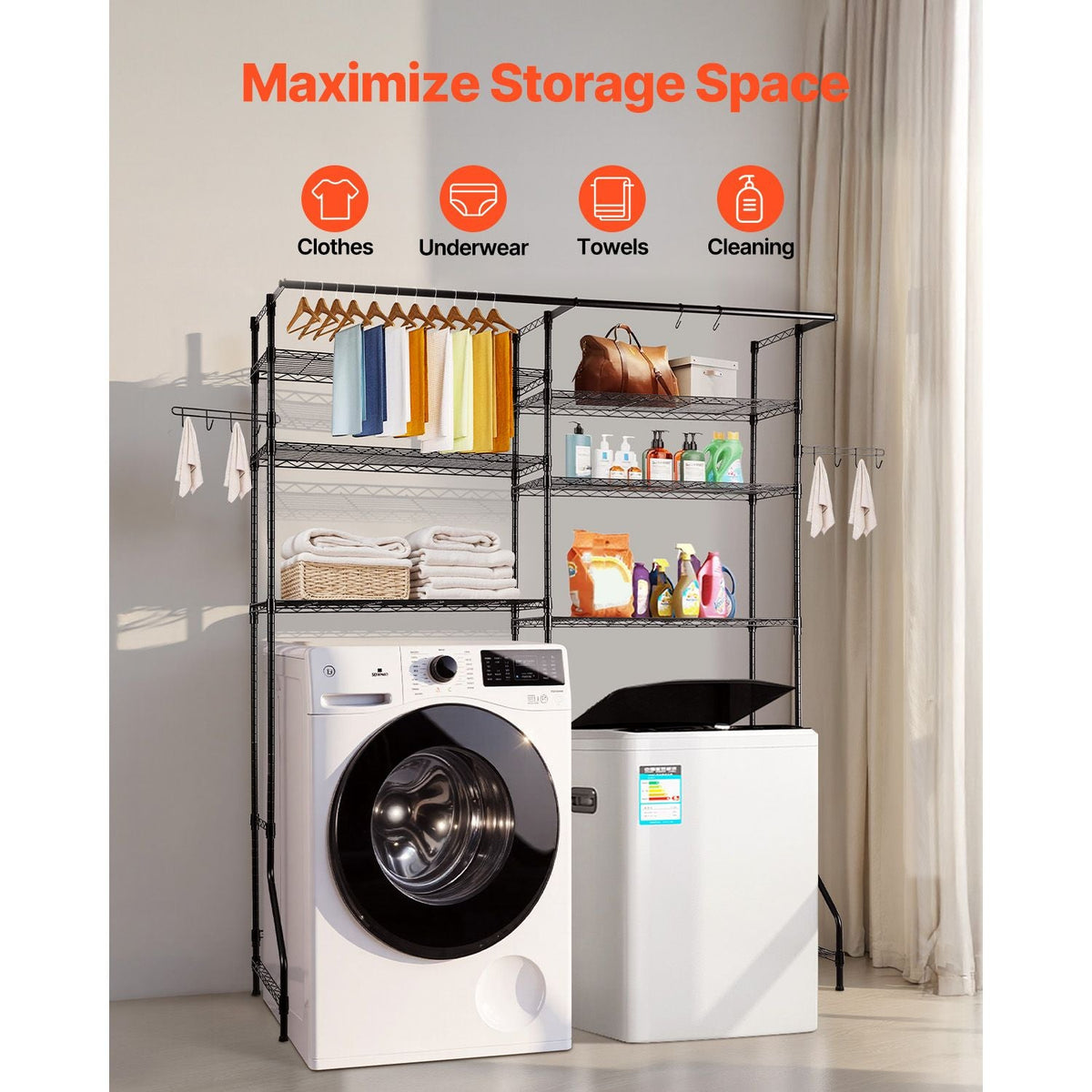 Over Washer and Dryer Storage Shelves, 6 Tiers Laundry Room Drying Rack with Hanger Rod and Hooks, Two Rows Adjustable Washer Shelves Space Saver, for Laundry Room Storage & Organization, Black