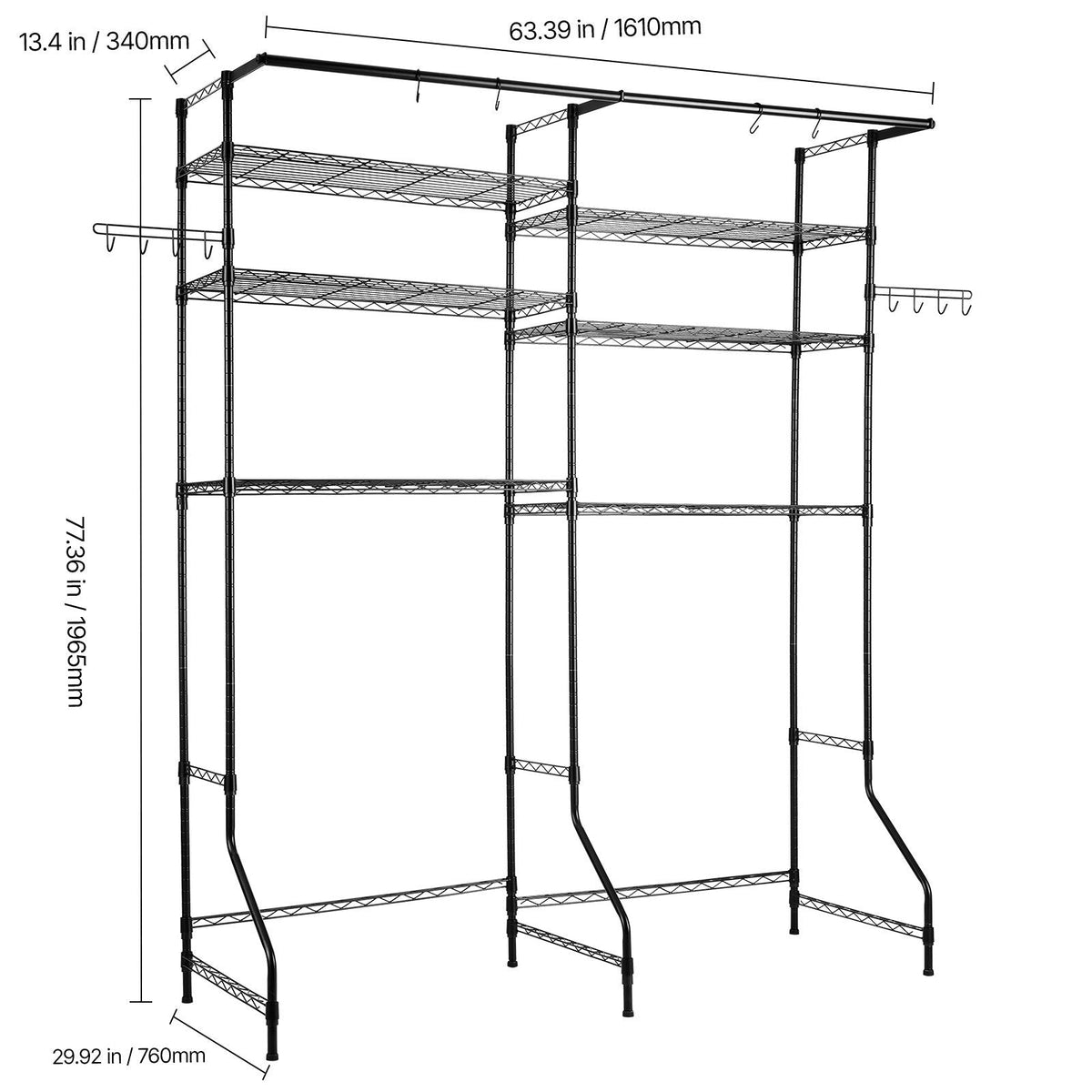 Over Washer and Dryer Storage Shelves, 6 Tiers Laundry Room Drying Rack with Hanger Rod and Hooks, Two Rows Adjustable Washer Shelves Space Saver, for Laundry Room Storage & Organization, Black