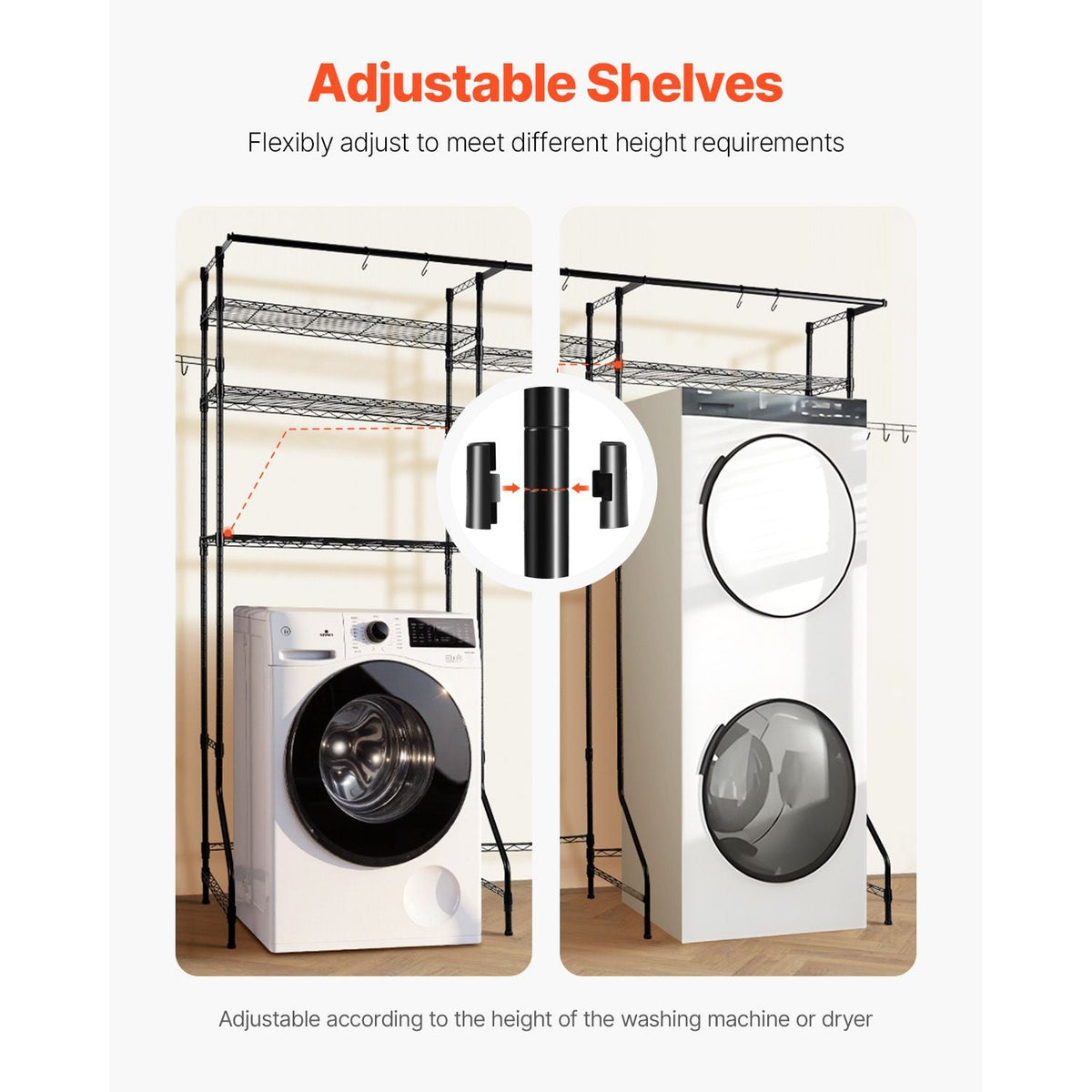 Over Washer and Dryer Storage Shelves, 6 Tiers Laundry Room Drying Rack with Hanger Rod and Hooks, Two Rows Adjustable Washer Shelves Space Saver, for Laundry Room Storage & Organization, Black