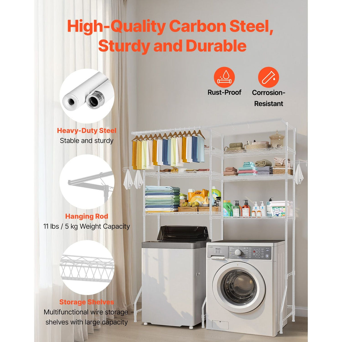 Over Washer and Dryer Storage Shelves, 6 Tiers Laundry Room Drying Rack with Hanger Rod and Hooks, Two Rows Adjustable Washer Shelves Space Saver, for Laundry Room Storage & Organization, White