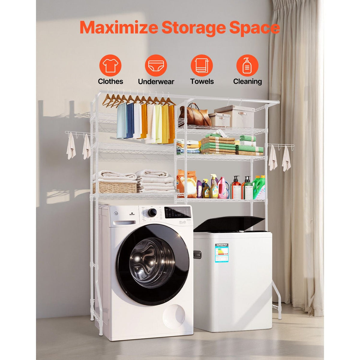 Over Washer and Dryer Storage Shelves, 6 Tiers Laundry Room Drying Rack with Hanger Rod and Hooks, Two Rows Adjustable Washer Shelves Space Saver, for Laundry Room Storage & Organization, White