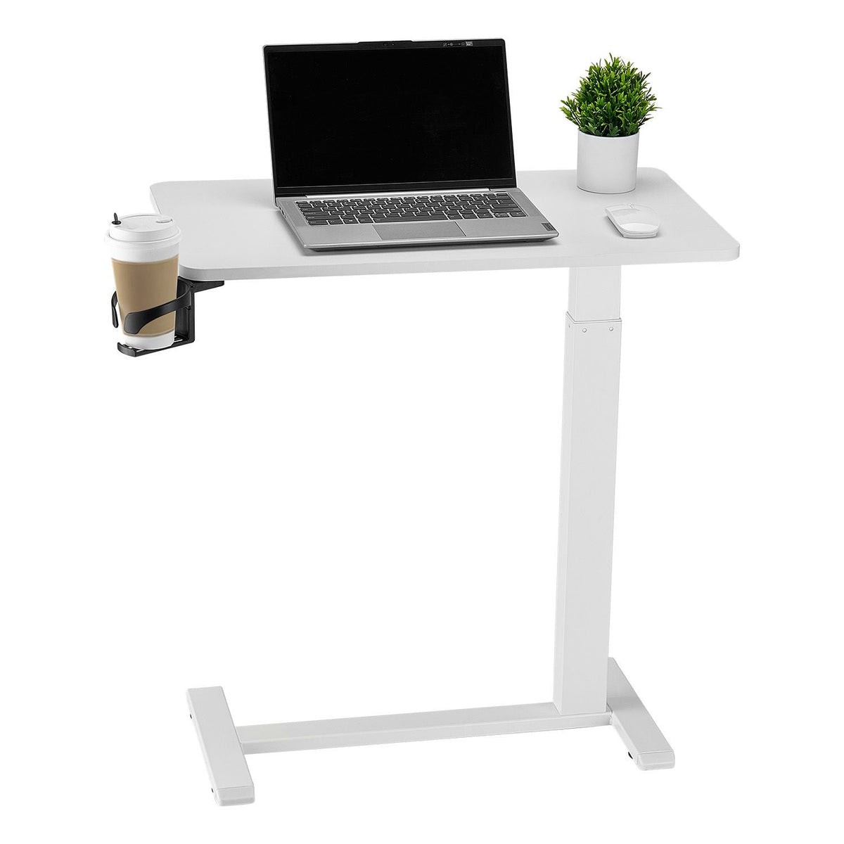 Overbed Table, Mobile Bed Side Table with 4 Hidden Wheels, Height Adjustable Rolling Laptop Desk with Cup Holder, Portable Particleboard Over Bed Desk for Home, Office, Study, White