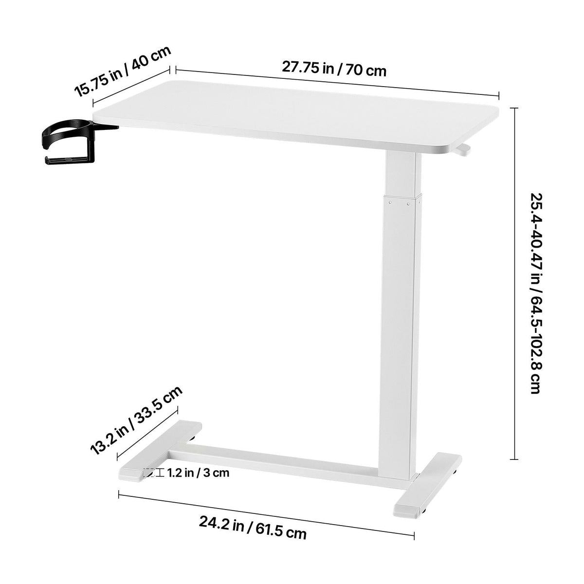 Overbed Table, Mobile Bed Side Table with 4 Hidden Wheels, Height Adjustable Rolling Laptop Desk with Cup Holder, Portable Particleboard Over Bed Desk for Home, Office, Study, White