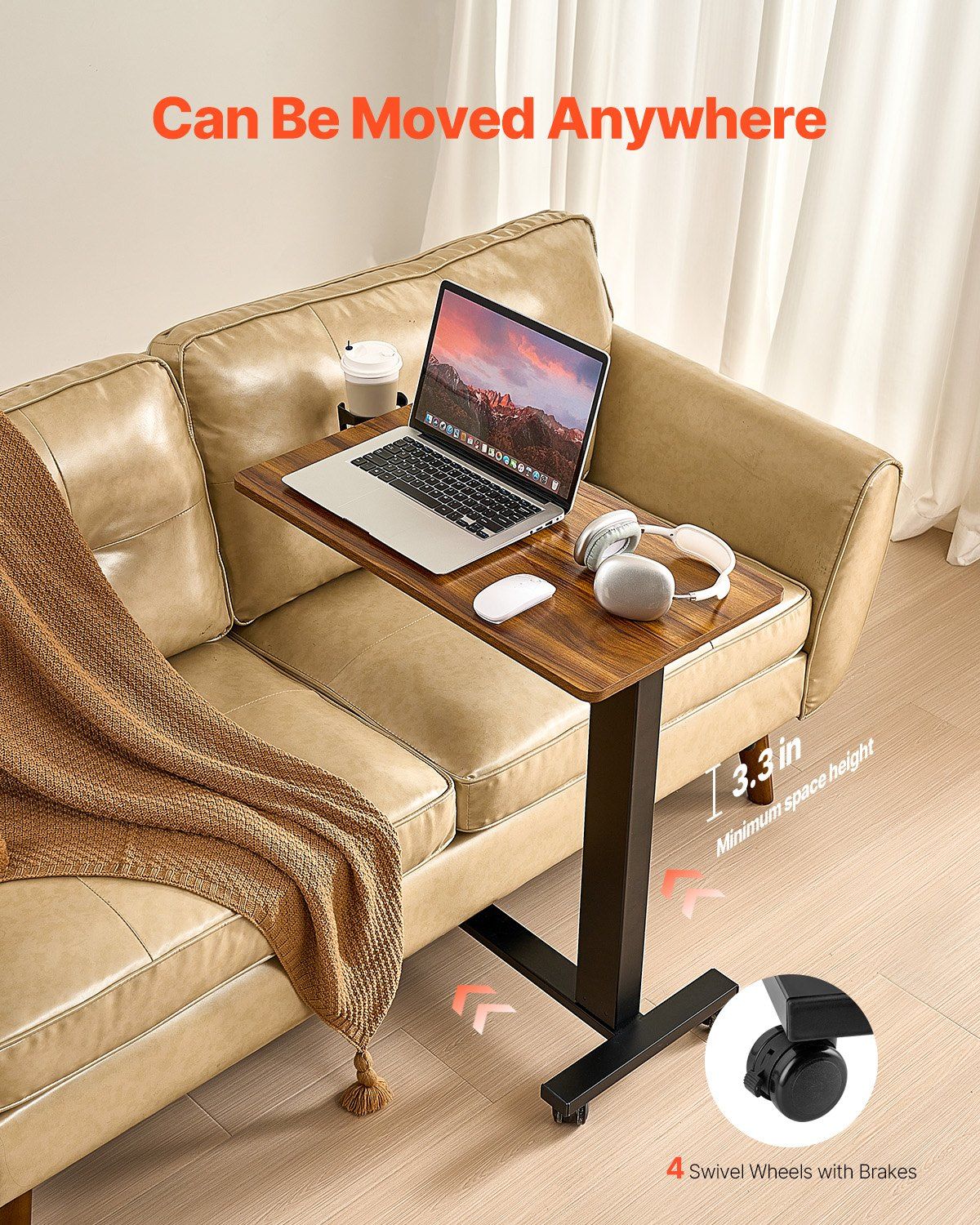 Overbed Table, Mobile Bed Side Table with 4 Wheels, Electric Lifting with Upgrade Button, Rolling Laptop Desk with Cup Holder, Height Adjustable Overbed Desk for Home, Office, Study, Wood+Black