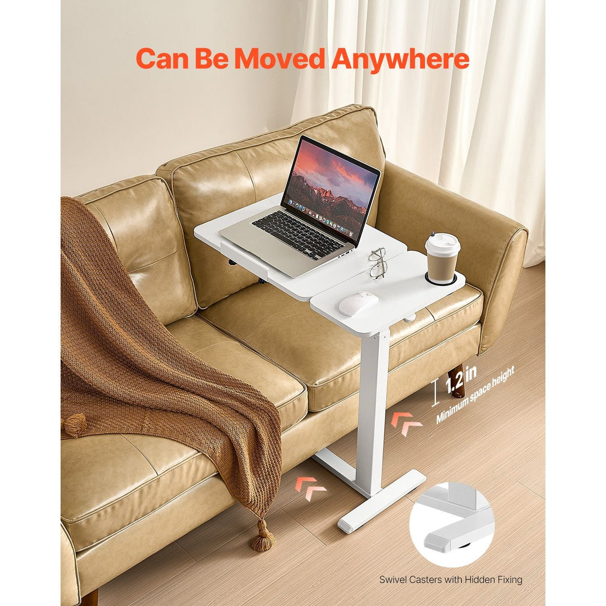 Overbed Table, Mobile Bed Side Table with Flip Desktop and 4 Hidden Wheels, Height & Angle Adjustable Rolling Laptop Desk with Cup Holder, Portable Over Bed Desk for Home, Office, Study, White