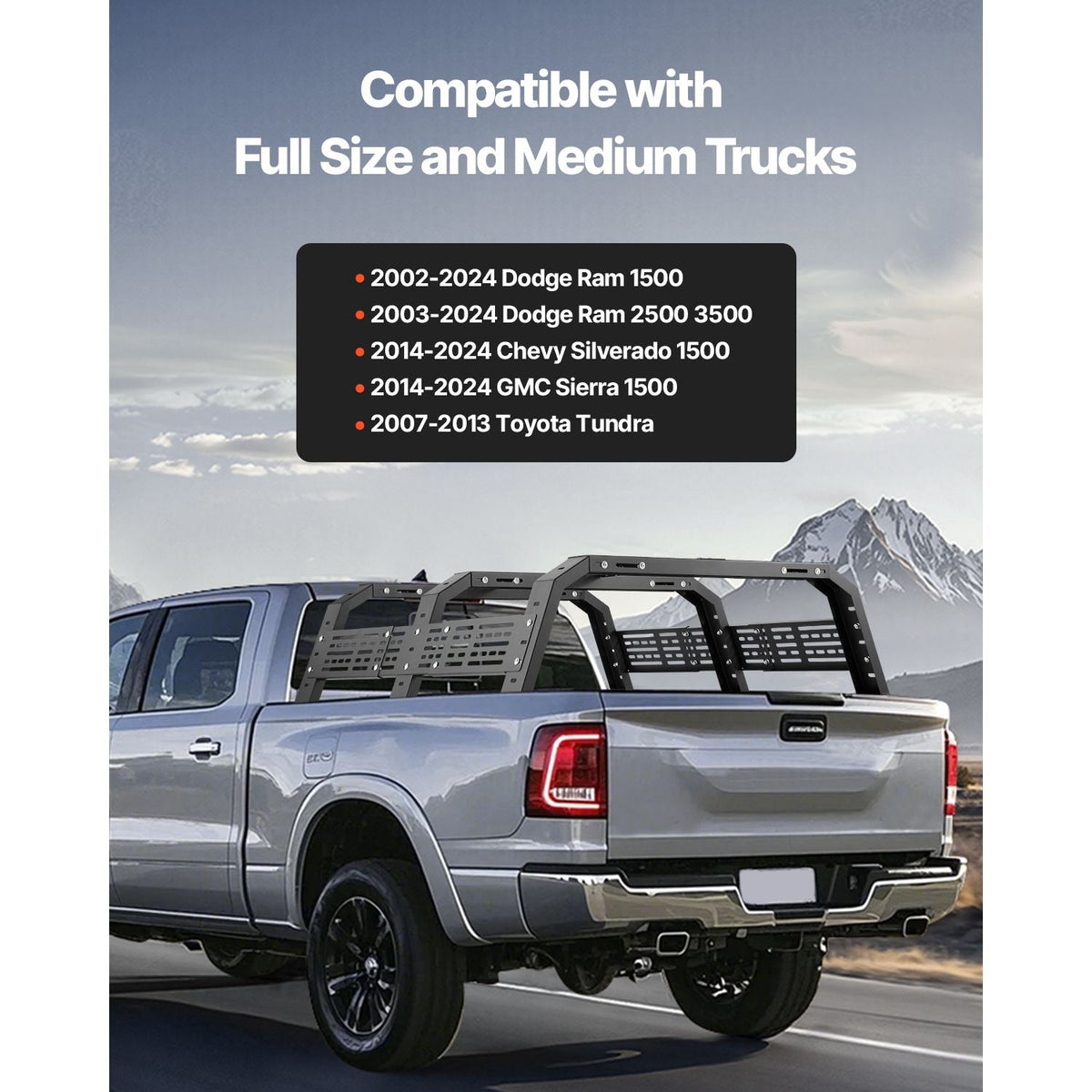Overland Truck Bed Rack, 54.3-68.3 in Width, Adjustable Overland Bed Cargo Rack with Sidebar and 900 lbs Static Load Capacity, Heavy Duty Steel, Compatible with Full Size and Mid-Size Trucks