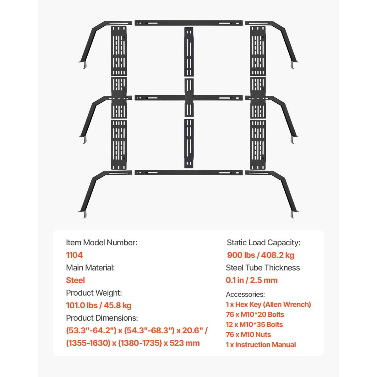 Overland Truck Bed Rack, 54.3-68.3 in Width, Adjustable Overland Bed Cargo Rack with Sidebar and 900 lbs Static Load Capacity, Heavy Duty Steel, Compatible with Full Size and Mid-Size Trucks
