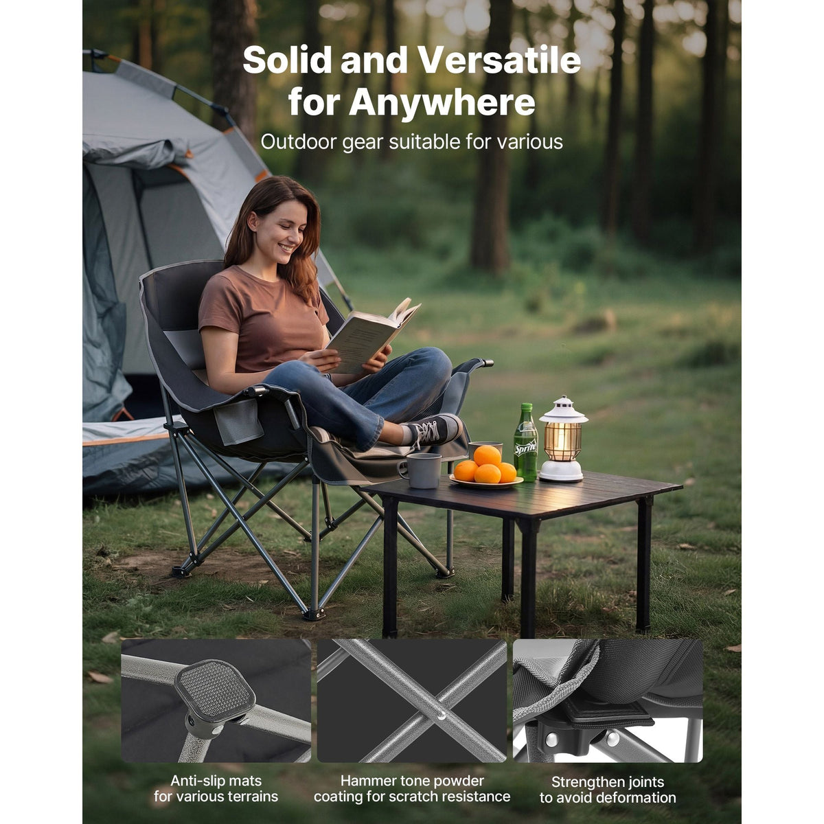 Oversized Camping Chairs, 450 lbs Heavy Duty Support, Portable Padded Folding Camp Chairs with Dual Cup Holders & Wine Glass Holders, Carry Bag for Outdoor, Fishing, Black & Gray, 1 Pack