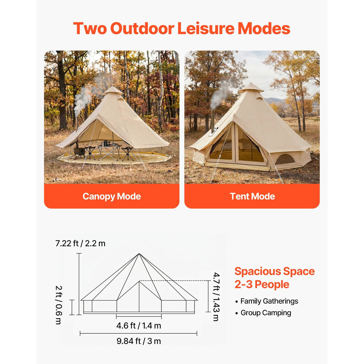 Oxford Bell Tent, 4 Seasons 9.84 ft Yurt Tent for Camping with Stove Jack, Waterproof Breathable Holds up to 3 People with Zipped Detachable Floor, Family Camping Glamping Outdoor Hunting Party