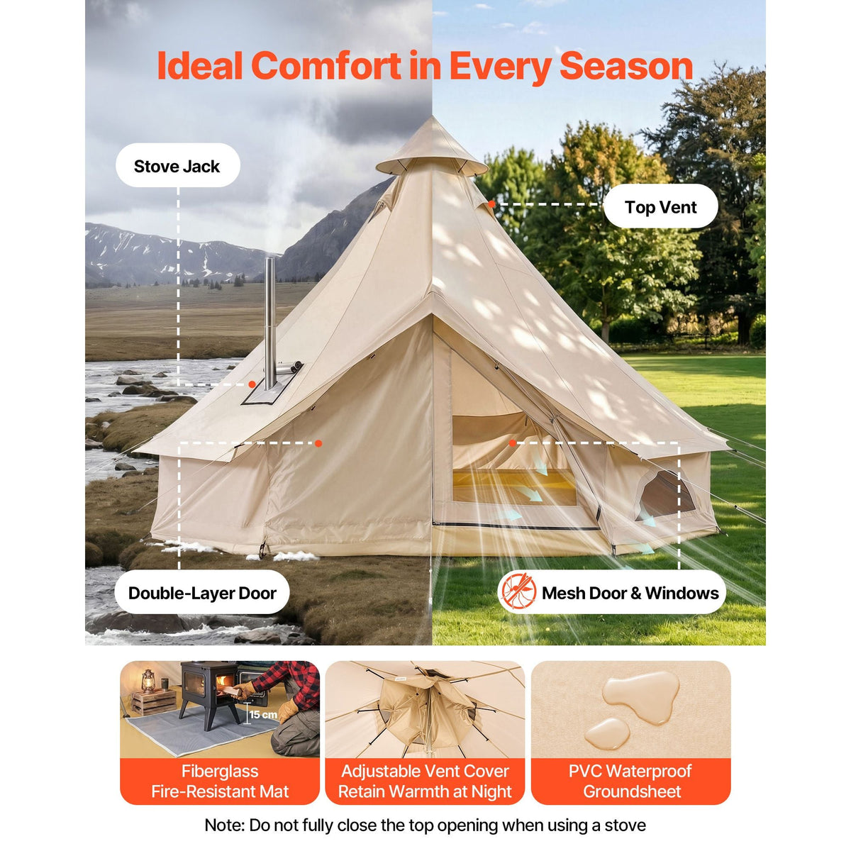 Oxford Bell Tent, 4 Seasons 9.84 ft Yurt Tent for Camping with Stove Jack, Waterproof Breathable Holds up to 3 People with Zipped Detachable Floor, Family Camping Glamping Outdoor Hunting Party