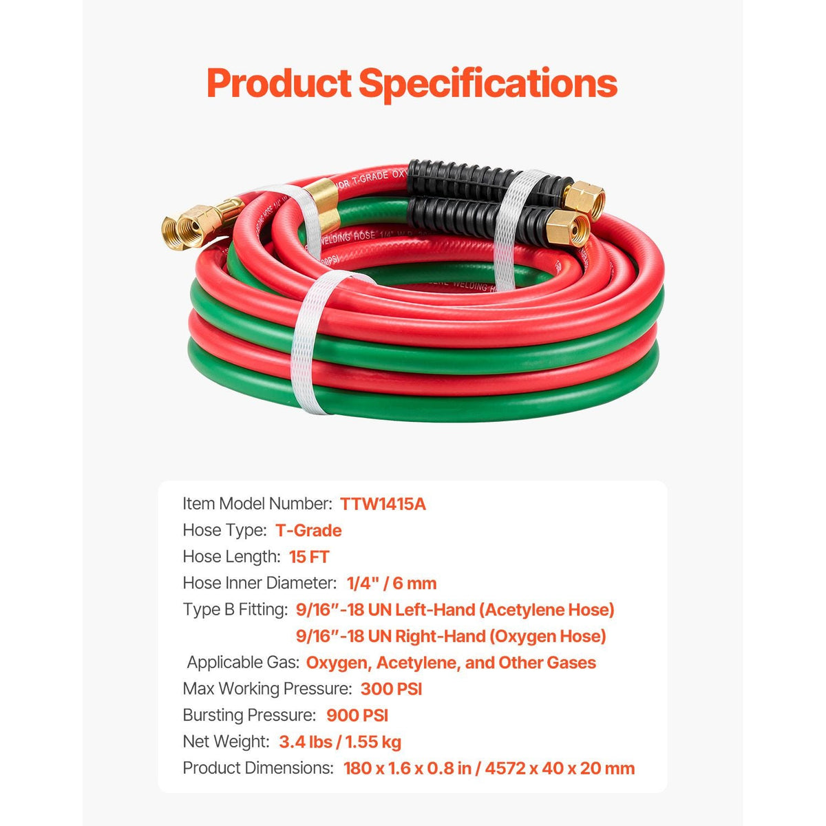 Oxygen Acetylene Hose, 1/4-Inch x 15FT Oxy Acetylene Hose with 9/16"-18 B Fitting, 300PSI T Grade Welding Cutting Torch Twin Hose, Compatible with Oxygen, Acetylene, Propane and Other Fuel Gases