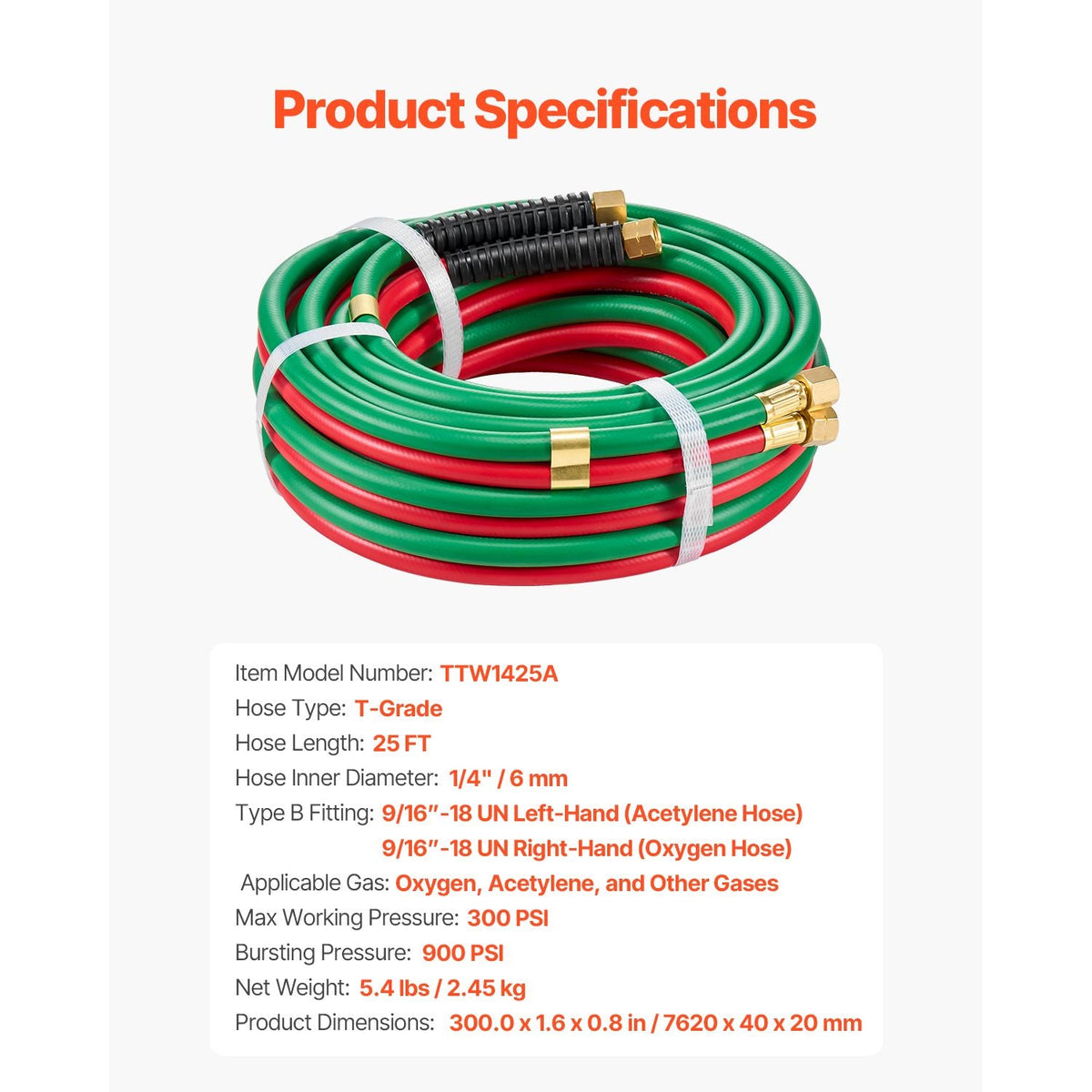 Oxygen Acetylene Hose, 1/4-Inch x 25FT Oxy Acetylene Hose with 9/16"-18 B Fitting, 300PSI T Grade Welding Cutting Torch Twin Hose, Compatible with Oxygen, Acetylene, Propane and Other Fuel Gases