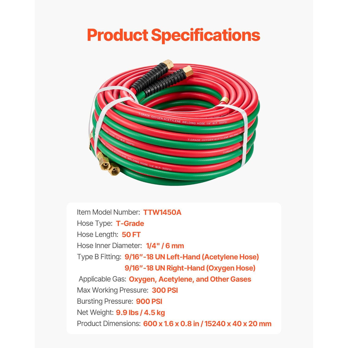 Oxygen Acetylene Hose, 1/4-Inch x 50FT Oxy Acetylene Hose with 9/16"-18 B Fitting, 300PSI T Grade Welding Cutting Torch Twin Hose, Compatible with Oxygen, Acetylene, Propane and Other Fuel Gases