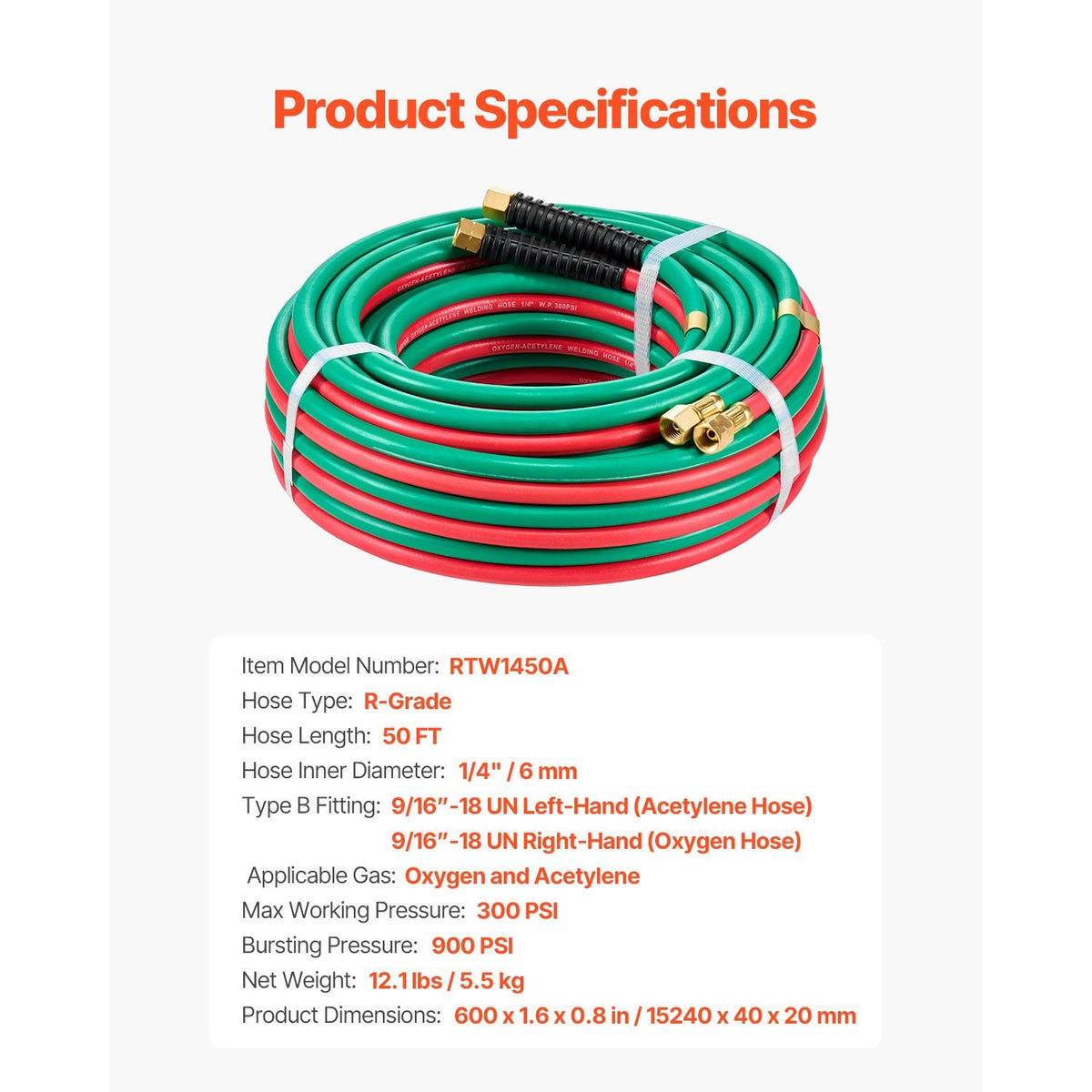 Oxygen Acetylene Hose, 1/4-Inch x 50FT Oxy Acetylene Hose with 9/16"-18 LH/RH B Fittings, R Grade Welding Torch Twin Hose with 300PSI Maximum Working Pressure for Cutting Soldering Brazing
