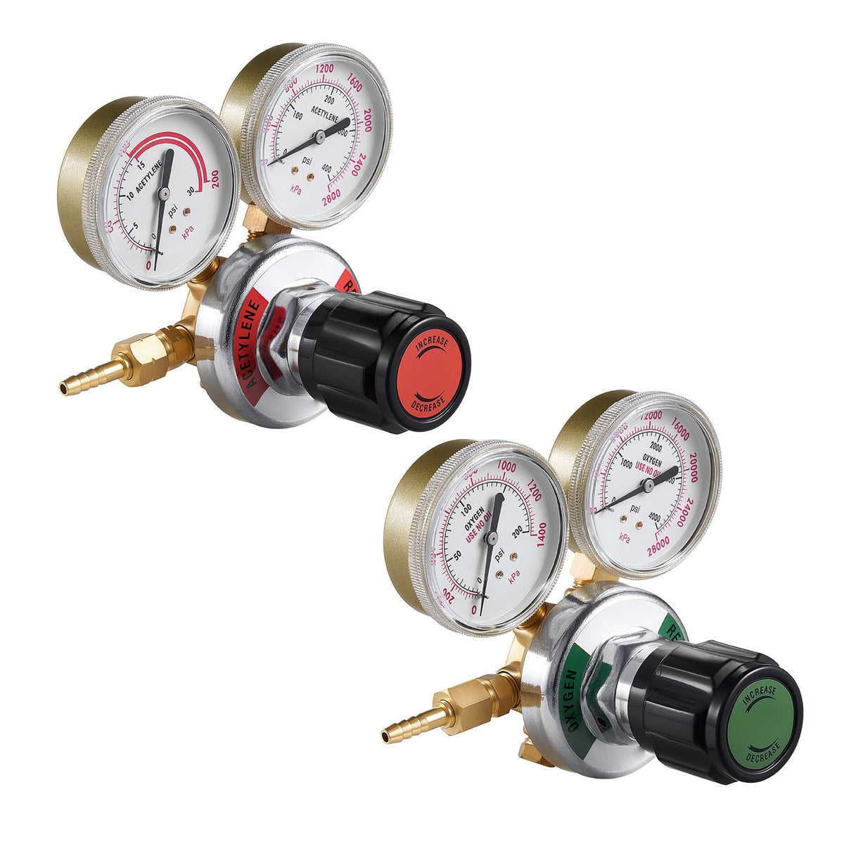 Oxygen Acetylene Regulator Set, Oxy-Acetylene Regulators, 0-4000PSI and 0-400PSI Welding Gas Gauges with CGA-540/CGA-200 Inlet Connection & 9/16"-18 Outlet Connection, PC Knob Adjustment