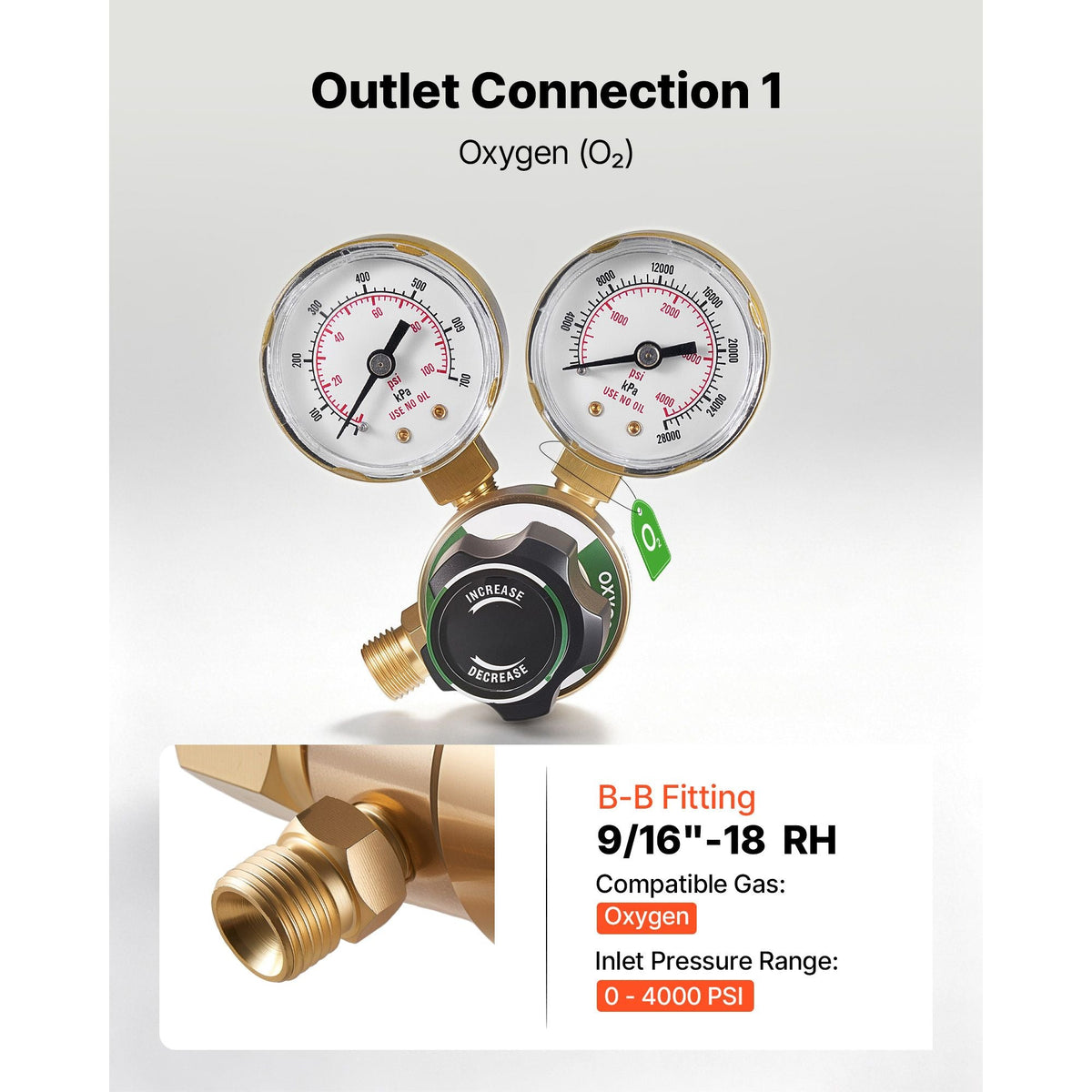 Oxygen Acetylene Regulator Set, Oxy-Acetylene Regulators, 0-4000PSI and 0-400PSI Welding Gas Gauges with CGA-540/CGA-200 Inlet Connection & 9/16"-18 Outlet Connection, PC Knob Adjustment
