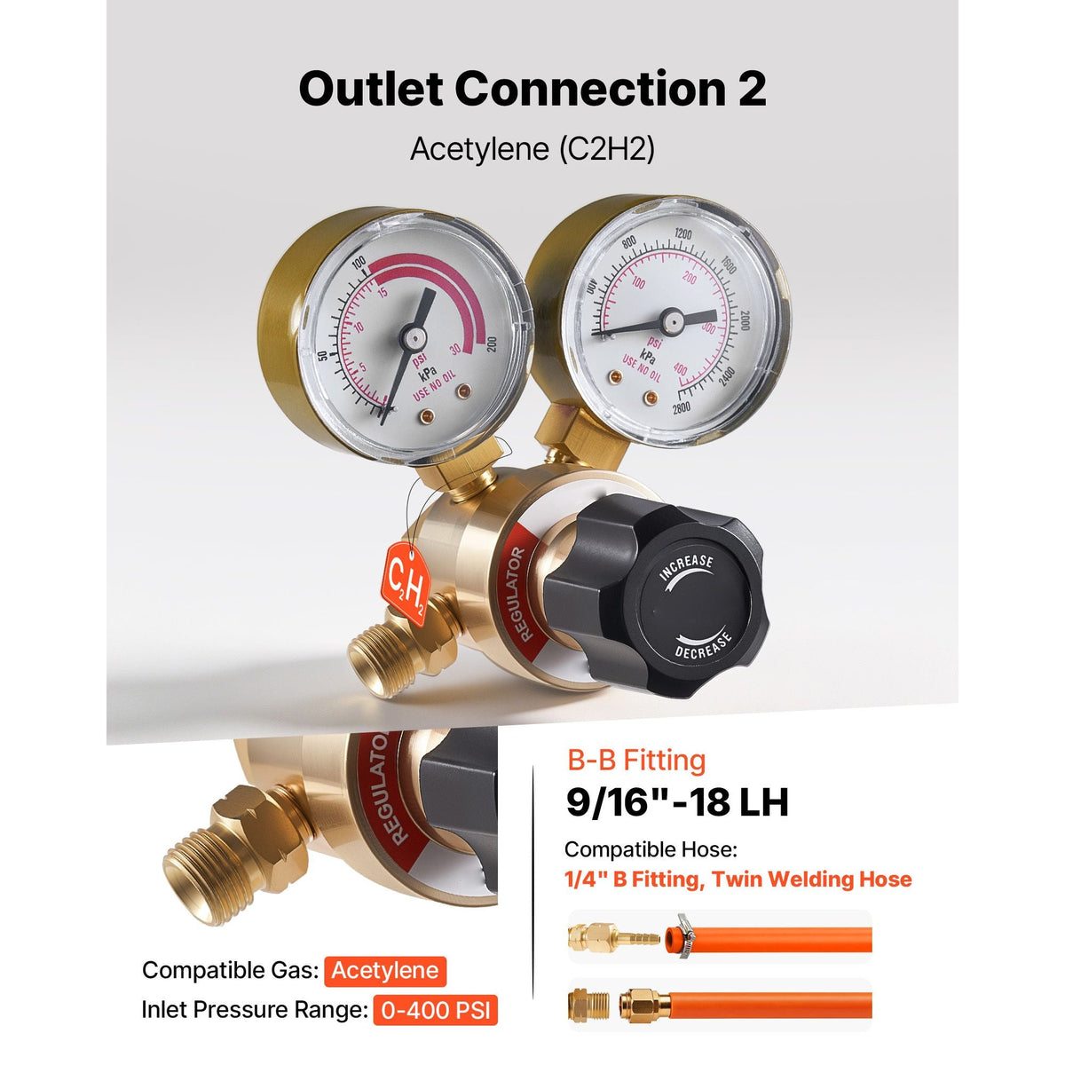 Oxygen Acetylene Regulator Set, Oxy-Acetylene Regulators, 0-4000PSI and 0-400PSI Welding Gas Gauges with CGA-540/CGA-200 Inlet Connection & 9/16"-18 Outlet Connection, PC Knob Adjustment