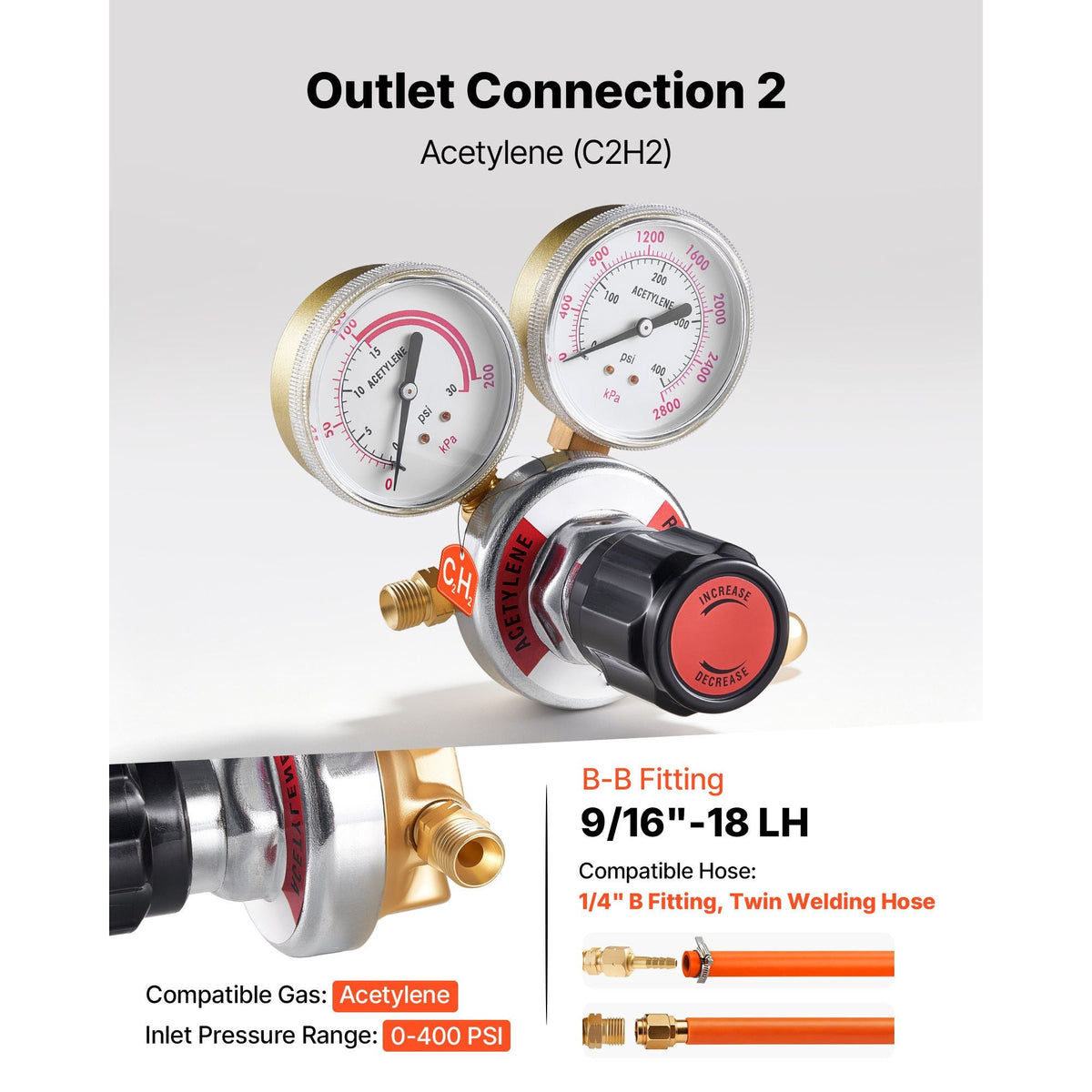 Oxygen Acetylene Regulator Set, Oxy-Acetylene Regulators, 0-4000PSI and 0-400PSI Welding Gas Gauges with CGA-540/CGA-510 Inlet Connection & 9/16"-18 Outlet Connection, PC Knob Adjustment