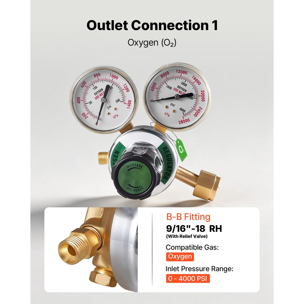 Oxygen Acetylene Regulator Set, Oxy-Acetylene Regulators, 0-4000PSI and 0-400PSI Welding Gas Gauges with CGA-540/CGA-510 Inlet Connection & 9/16"-18 Outlet Connection, PC Knob Adjustment