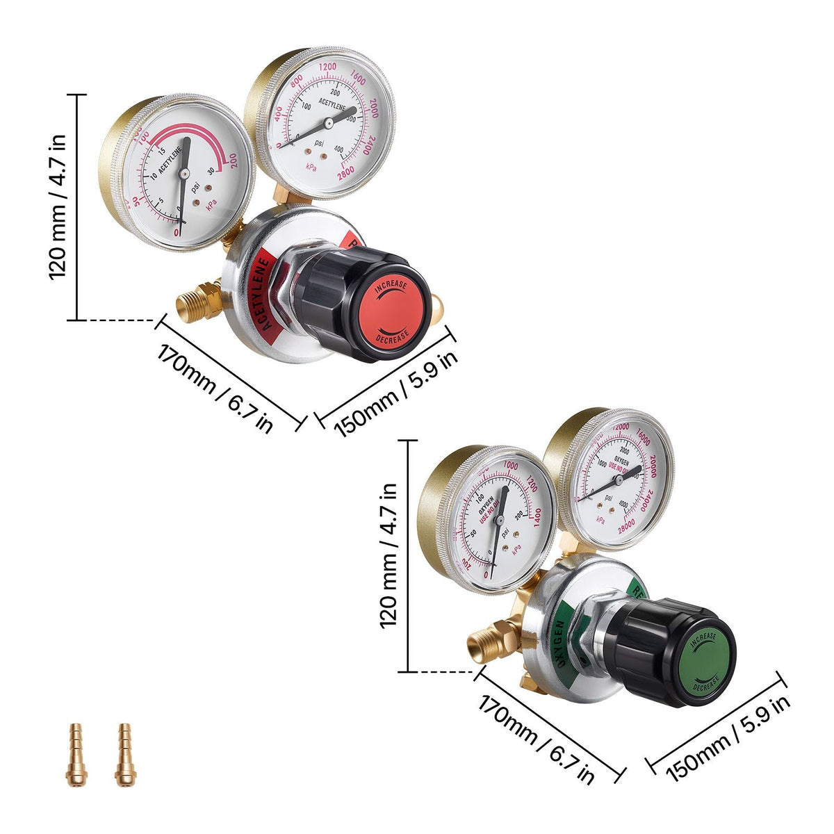 Oxygen Acetylene Regulator Set, Oxy-Acetylene Regulators, 0-4000PSI and 0-400PSI Welding Gas Gauges with CGA-540/CGA-510 Inlet Connection & 9/16"-18 Outlet Connection, PC Knob Adjustment