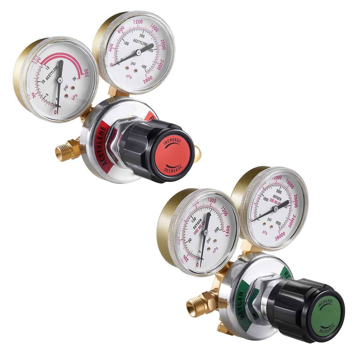 Oxygen Acetylene Regulator Set, Oxy-Acetylene Regulators, 0-4000PSI and 0-400PSI Welding Gas Gauges with CGA-540/CGA-510 Inlet Connection & 9/16"-18 Outlet Connection, PC Knob Adjustment