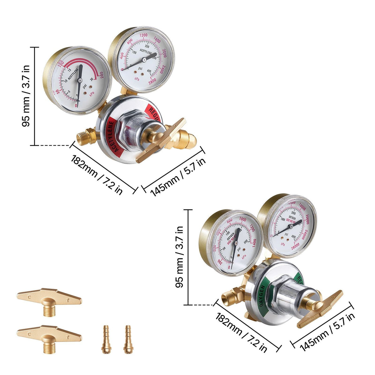 Oxygen Acetylene Regulator Set, Oxy-Acetylene Regulators, 0-4000PSI and 0-400PSI Welding Gas Gauges with CGA-540/CGA-510 Inlet Connection & 9/16"-18 Outlet Connection, T-Handle Adjustment