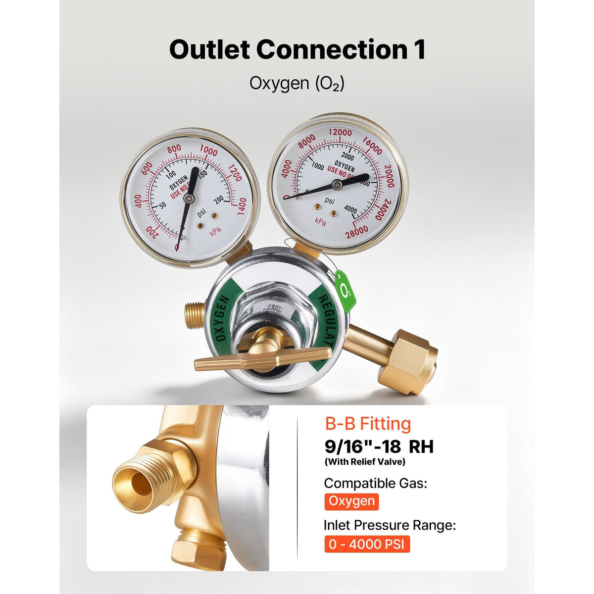 Oxygen Acetylene Regulator Set, Oxy-Acetylene Regulators, 0-4000PSI and 0-400PSI Welding Gas Gauges with CGA-540/CGA-510 Inlet Connection & 9/16"-18 Outlet Connection, T-Handle Adjustment