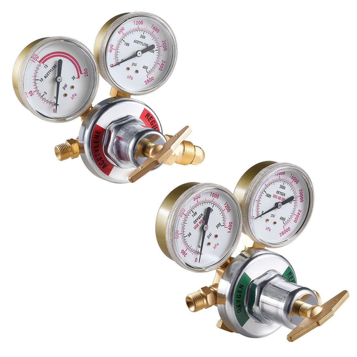 Oxygen Acetylene Regulator Set, Oxy-Acetylene Regulators, 0-4000PSI and 0-400PSI Welding Gas Gauges with CGA-540/CGA-510 Inlet Connection & 9/16"-18 Outlet Connection, T-Handle Adjustment