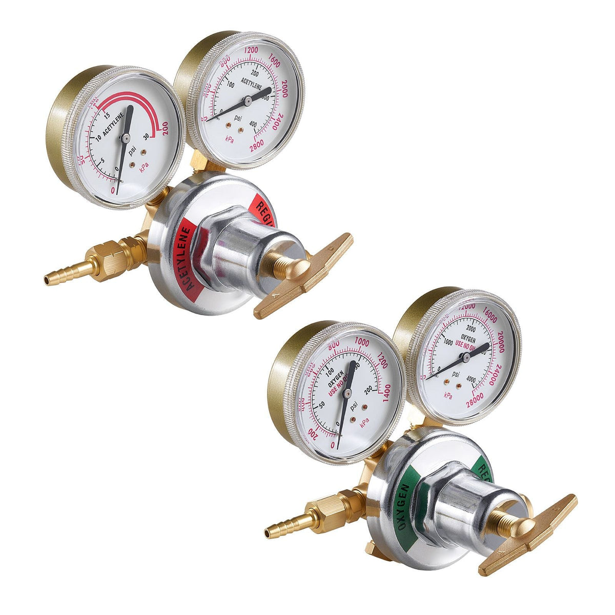 Oxygen Acetylene Regulator Set, Oxy-Acetylene Regulators, 0-4000PSI and 0-400PSI Welding Gas Gauges with CGA-540/CGA-510 Inlet Connection & 9/16"-18 Outlet Connection, T-Handle Adjustment