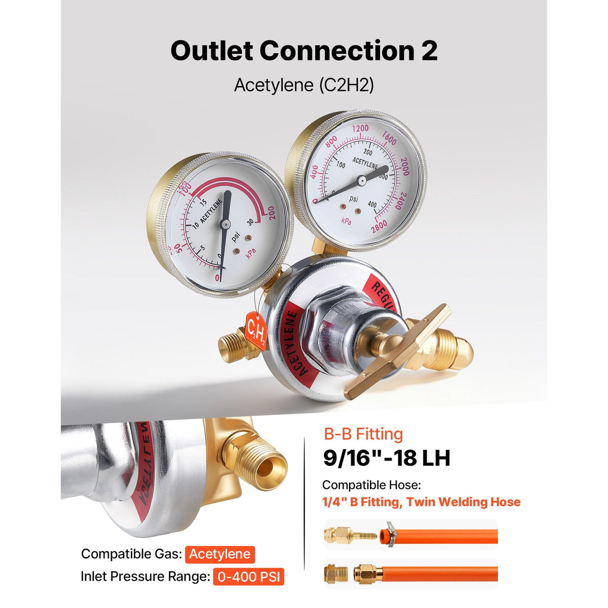 Oxygen Acetylene Regulator Set, Oxy-Acetylene Regulators, 0-4000PSI and 0-400PSI Welding Gas Gauges with CGA-540/CGA-510 Inlet Connection & 9/16"-18 Outlet Connection, T-Handle Adjustment