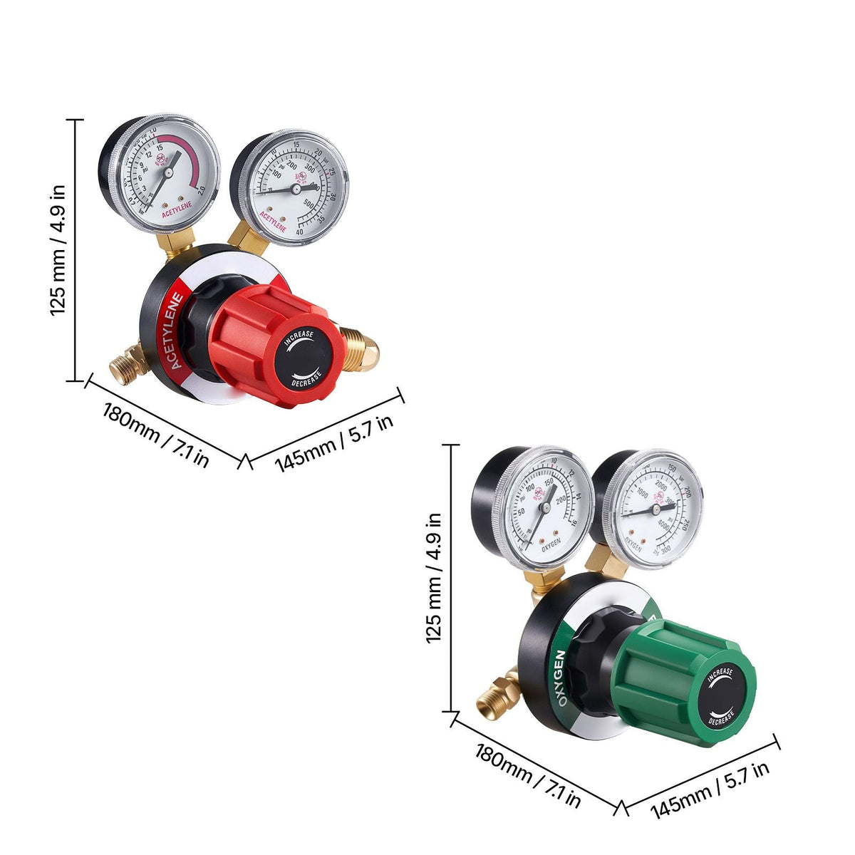 Oxygen Acetylene Regulator Set, Oxy-Acetylene Regulators, 0-4000PSI and 0-500PSI Welding Gas Gauges with CGA-540/CGA-510 Inlet Connection & 9/16"-18 Outlet Connection, PC Knob Adjustment