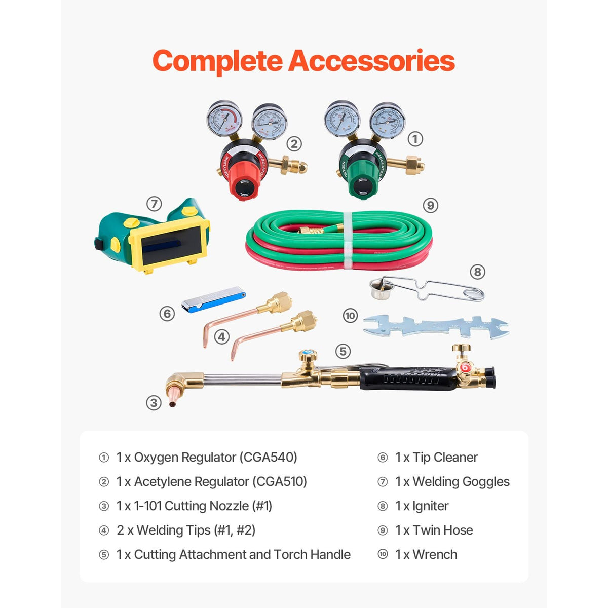 Oxygen Acetylene Torch Kit, Gas Welding Cutting Torch Kit, 12PCS Oxy Acetylene Brazing Tool Set with 177 inches Twin-Hose, 1 Cutting Nozzle, 2 Welding Tips & 2 Regulators (without Gas Cylinder)