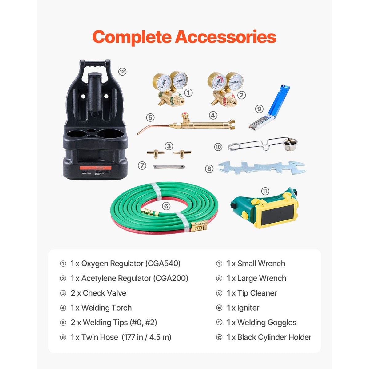 Oxygen Acetylene Torch Kit, Gas Welding Torch Kit, 14PCS Portable Oxy Acetylene Brazing Set with 177'' Twin-Hose, 2 Welding Tips, Welding Torch, 2 Regulators, Cylinder Holder (without Cylinder)
