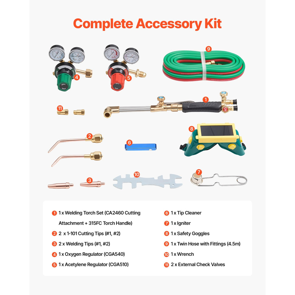Oxygen Acetylene Torch Kit with Check Valves, Gas Welding Cutting Torch Kit, Heavy Duty Professional Oxy Acetylene Brazing Set with 15FT Twin-Hose, 2 Cutting Tips, Welding Tips & Gas Regulators
