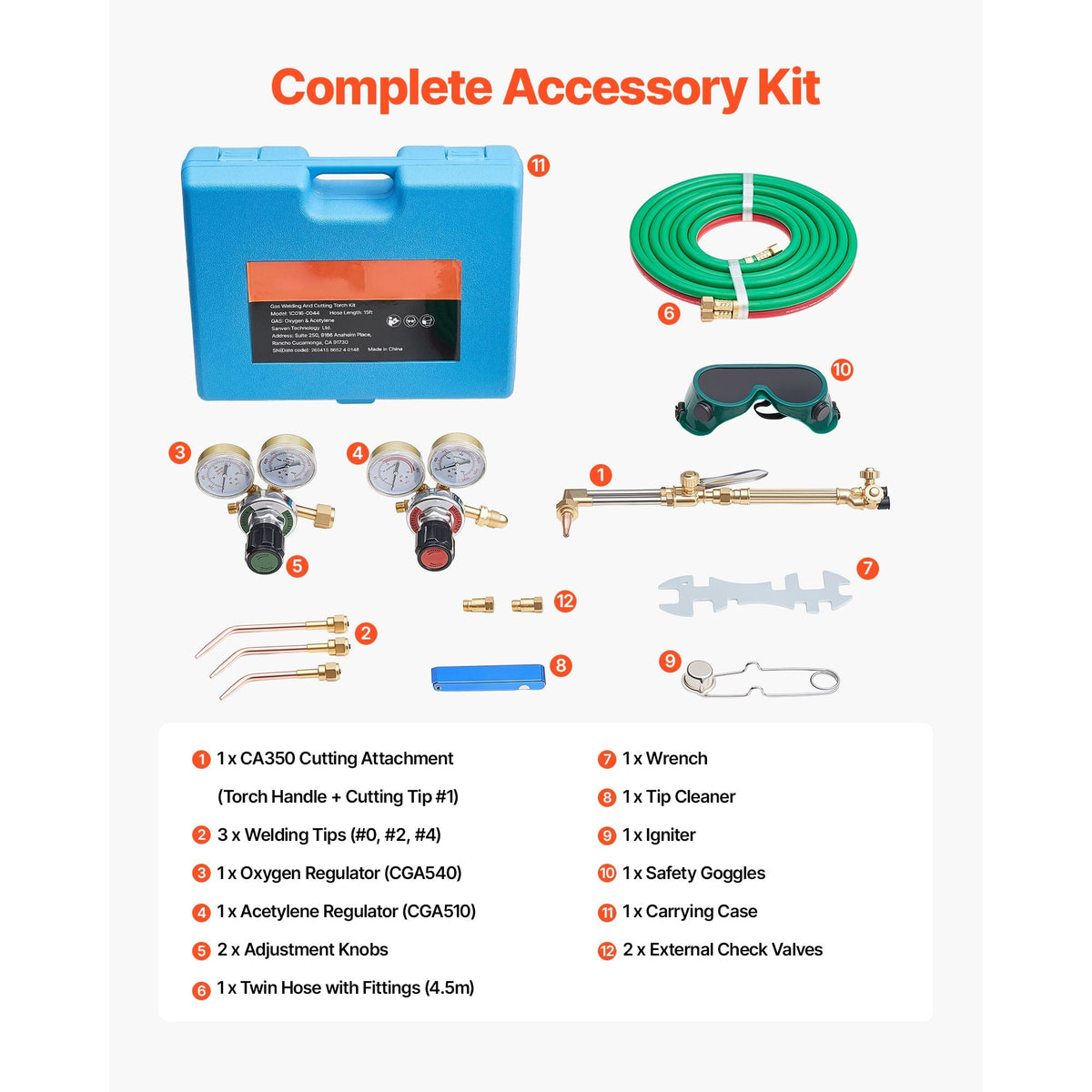 Oxygen Acetylene Torch Kit with Check Valves, Gas Welding Cutting Torch Kit, Portable Oxy Acetylene Brazing Set with 15FT Twin-Hose, 1 Cutting Tip, 3 Welding Tips, 2 Gas Regulators & Toolbox