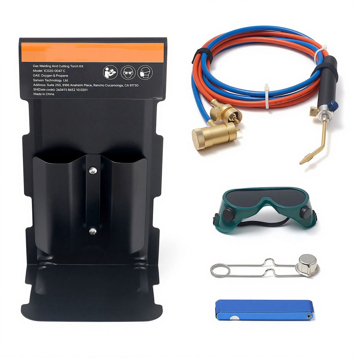Oxygen Propane Torch Kit, Brass Welding Torch for Oxygen MAPP Gas with Dual Pressure Gauges, Portable Oxy-Propane MAPP Brazing Tool Kit with Cylinder Rack for Welding, Soldering, Metal Heating