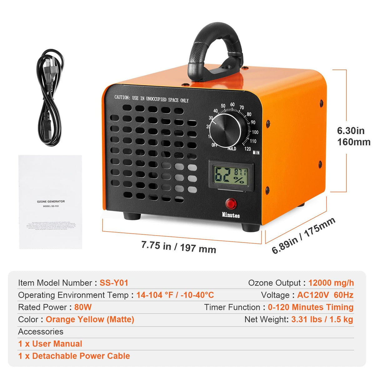Ozone Generator, 12000mg/h Ozone Machine Remover, High Capacity Commercial/Industrial Ozone Generator Machine, Home Air Ionizers Deodorizer with 0-120 min Time Setting for Rooms, Cars, Pets