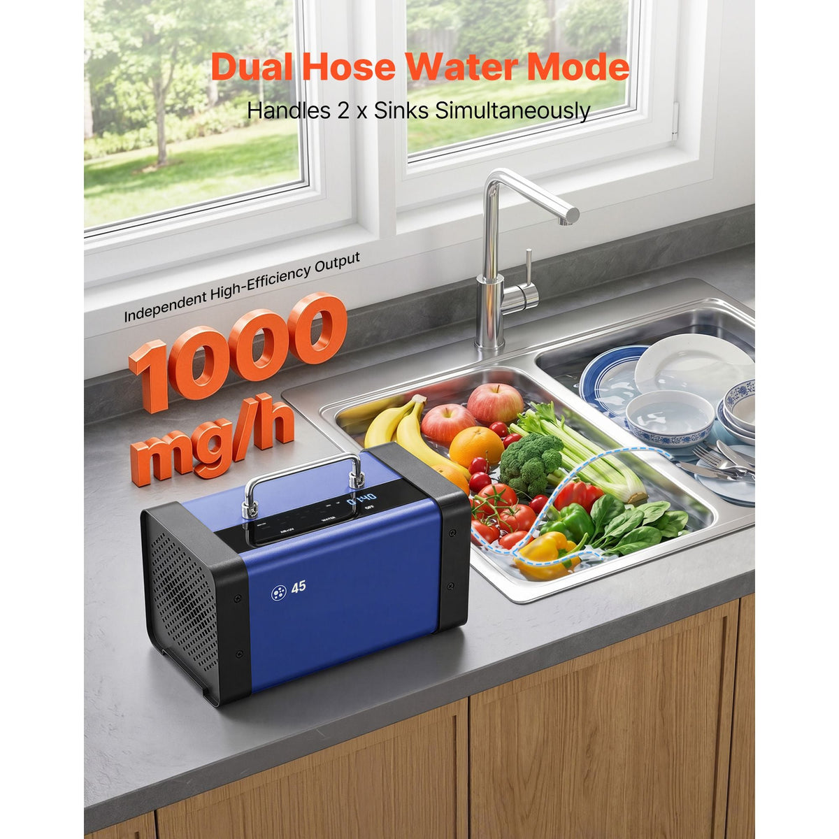 Ozone Generator, 45000mg/h Commercial Ozone Machine, with 15s Delayed Start & Dual-Hose Water Mode & LCD Touchscreen, Industrial Deodorizer for Car, Smoke, Home Odors, Up to 3800 sq.ft