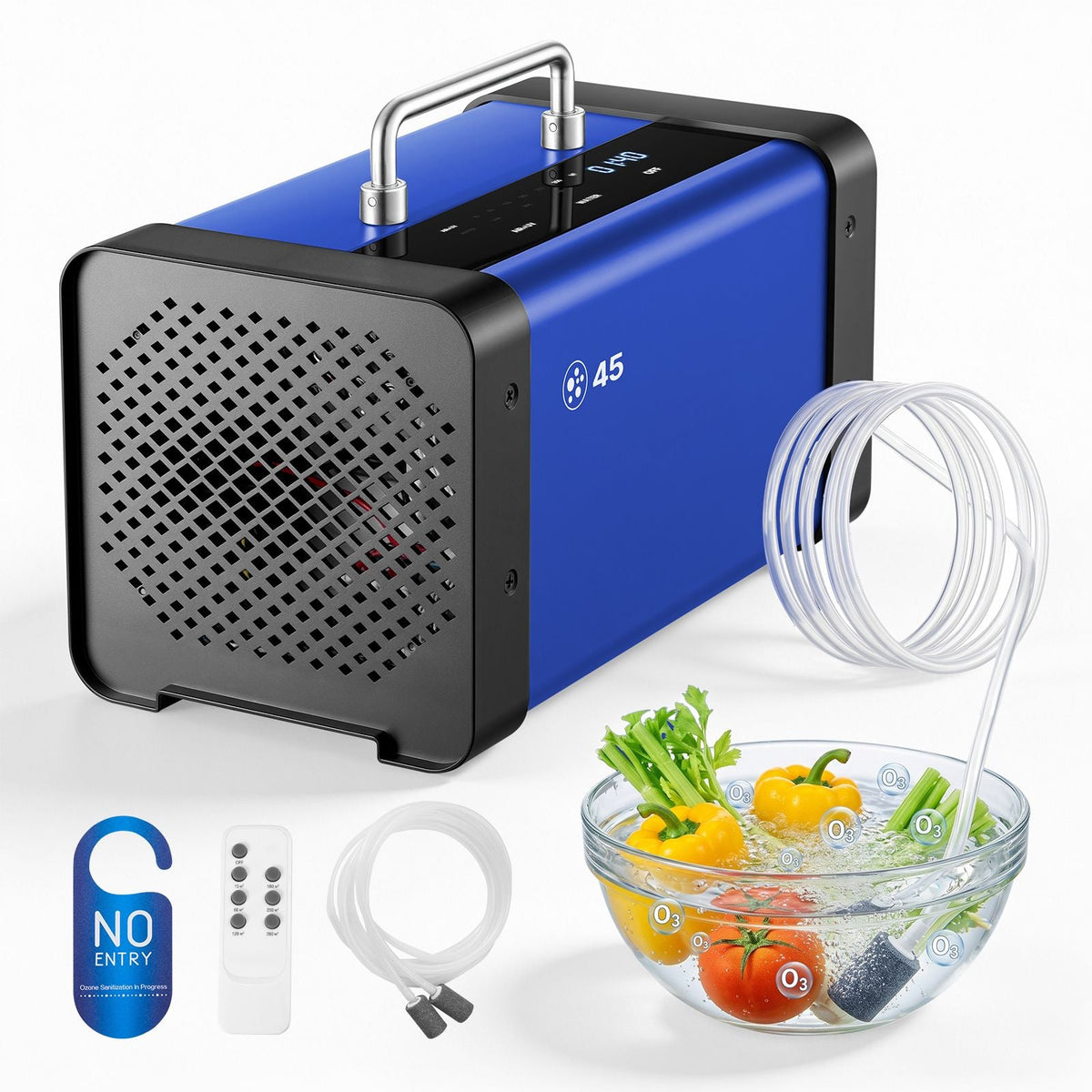 Ozone Generator, 45000mg/h Commercial Ozone Machine, with 15s Delayed Start & Dual-Hose Water Mode & LCD Touchscreen, Industrial Deodorizer for Car, Smoke, Home Odors, Up to 3800 sq.ft