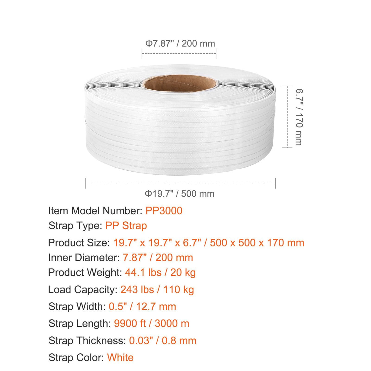 Packaging Polypropylene (PP) Strapping Roll, 9900' Length x 1/2" Width x 0.03" Thickness, 243 lbs Break Strength, Heavy Duty Banding Pallet Strap Coil, Portable Strong Packing Straps, White