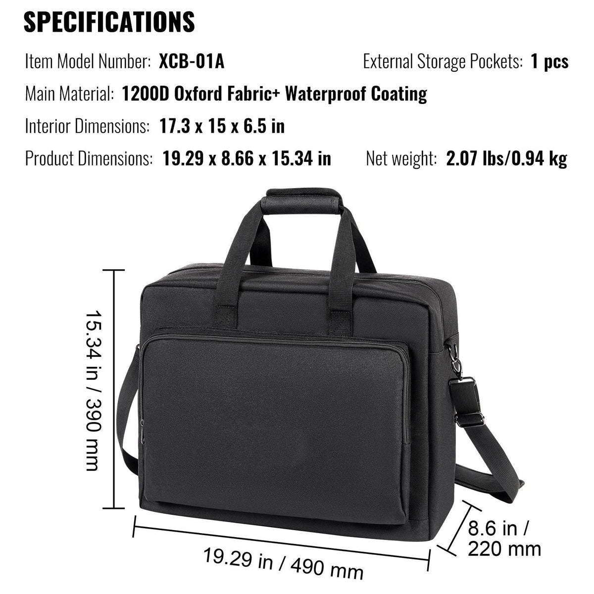 Padded DJ Mixer Gig Bag, 1200D Oxford Fabric, DJ Gear Carry Bag with a Storage Pocket 4.92 ft Removable Shoulder Strap 0.39 in Padding, 19.29 x 8.66 x 15.34 in Storage Case for DJ Controller