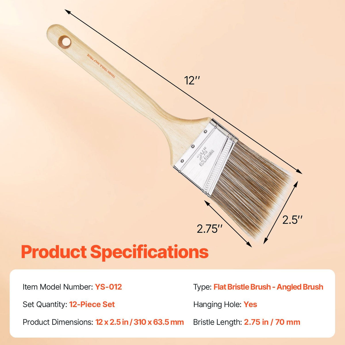 Paint Brushes, 12 Piece Angle Paint Brush, Treated Wood Handle, Paint Brush Set for All Latex and Oil Paints & Stains, Wood Stain Brushes for Cabinets, Walls, Fences, Interior & Exterior Use