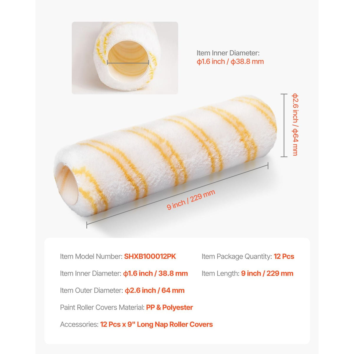 Paint Roller Covers, 12 Pack 9 Inch Shedless Roller Covers, 3/8 Inch Nap High Dense Roller Covers for Roller Frame & Paint Roller Kit, Paint Rollers for Painting Walls, House Painting Supplies