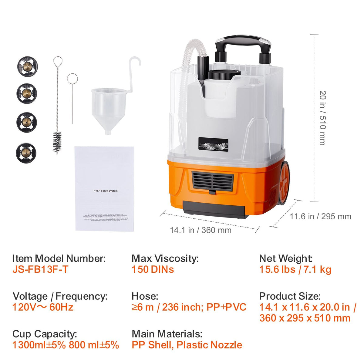 Paint Sprayer, 1300W Electric Spray Paint Gun with Air Hose, 1300ml and 800 ml Containers, 5 Copper Nozzles, 150 Din HVLP Spray Gun for House Painting Home Interior and Exterior Walls, Fence