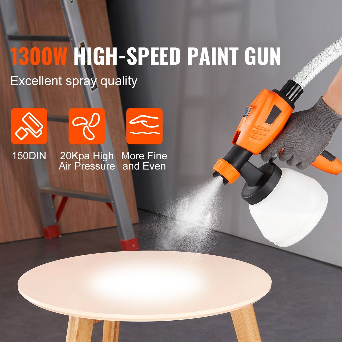 Paint Sprayer, 1300W Electric Spray Paint Gun with Air Hose, 1300ml and 800 ml Containers, 5 Copper Nozzles, 150 Din HVLP Spray Gun for House Painting Home Interior and Exterior Walls, Fence