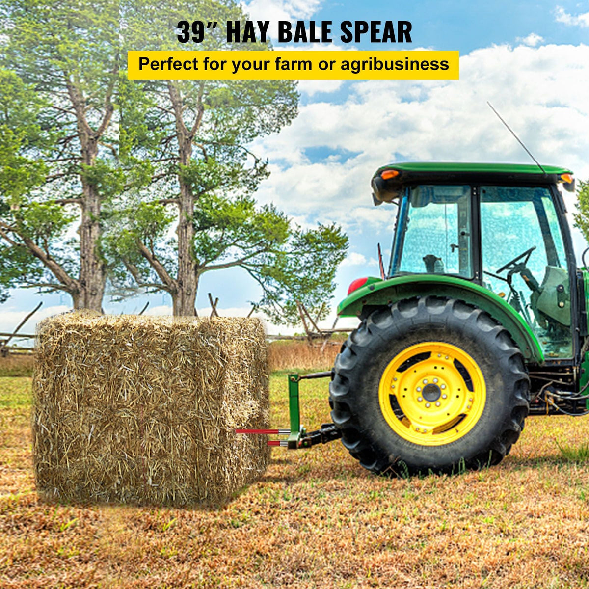 Pair Hay Spear 39" Bale Spear 3000 lbs Capacity, Bale Spike Quick Attach Square Hay Bale Spears 1 3/4", Red Coated Bale Forks, Bale Hay Spike with Hex Nut & Sleeve for Buckets Tractors Loaders